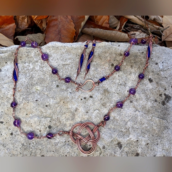 Celtic Jewelry Set Necklace and Earrings Amethyst Gemstone Beads Evening Artisan - Picture 2 of 14